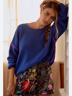 SUNDRY Oversized Knit Sweater Blue Sapphire Pink Cerise Pullover Wool Blend Sz 1